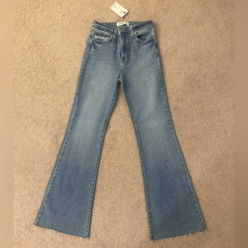 Just Black Denim Light Blue flared high-rise, cut-off fringe at bottom